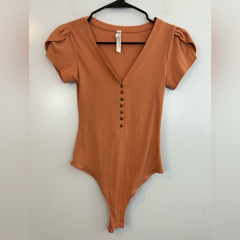 Free People Mia Santa Fe Brown Puff Shoulder Button Front Thong BodySuit XS